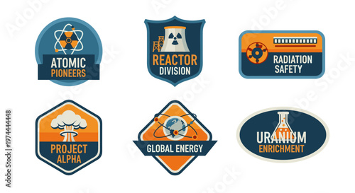 Collection of retro-style vector emblems featuring atomic energy themes, including a nuclear reactor, radiation symbol, atomic structure, earth connectivity, nuclear explosion,