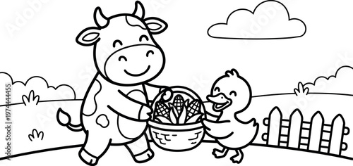 Smiling cow and duck holding basket of corn in farm landscape line art