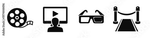 Small entertainment icon set with film reel, video screen, 3d glasses, and red carpet on a transparent background. Vector symbols for cinema, premiere, streaming, and movie events.