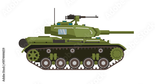 Detailed flat design military tank with a turret, cannon, machine gun, and tracks, rendered in a crisp, clean vector style with a muted olive green and dark brown color palette,