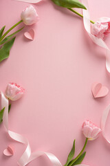 Happy Mother's Day vertical greeting with pink tulips, ribbon and paper hearts on pastel background