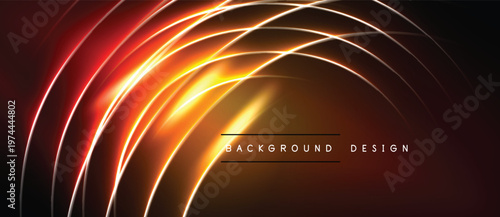 Abstract design features vibrant orange, red curves. Glowing lines create dynamic, modern visual effect. Dark background emphasizes luminosity.