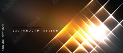 Dark backdrop features bright orange, yellow light streaks. Geometric shapes create dynamic visual effect. Modern design element.