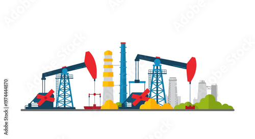 Dynamic oil extraction scene featuring prominent red and blue pumpjacks alongside industrial towers, depicting energy production with a vibrant yellow and grey color scheme and