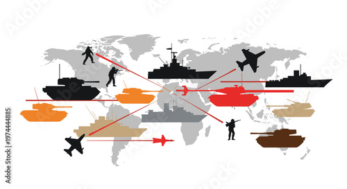 Global military conflict simulation with tanks, ships, airplanes, and soldiers targeting various continents across simplified world map with red laser lines and distinct color