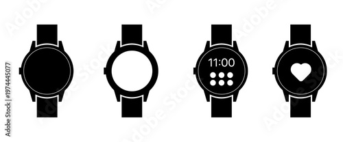 Minimalist smartwatch icon set featuring blank screen, heart rate, time, and app displays for modern wearable technology