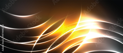 Abstract energy flows, bright orange glow, dark background. Smooth curves create dynamic visual impact. Light streaks suggest movement.