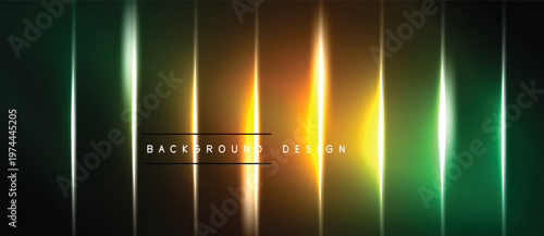 Abstract vertical light streaks. Gradient colors transition from green to gold. Dark background emphasizes bright illumination. Modern design element.