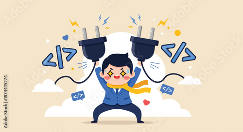 Enthusiastic businessman holding power plugs with glowing eyes and code symbols representing technology and connection