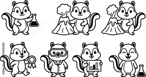 Black and white chipmunk holding flask and volcano science equipment vector art