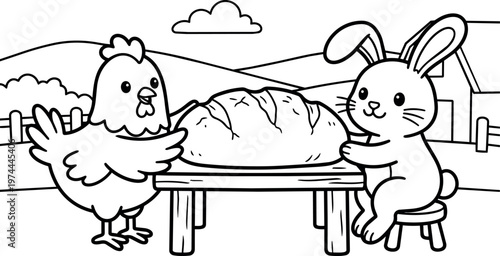 Black and white line art rabbit and chicken sharing bread on farm table