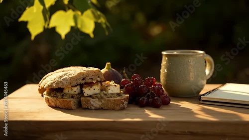 Soft Golden Light Illuminates Artisanal Sourdough Sandwiches Figs Grapes Iced Tea Garden Refreshment