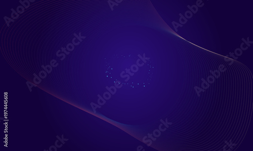 Abstract dark purple background with elegant thin lines forming smooth wave and glowing dots for modern digital technology presentation.
