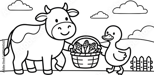 Happy cow and duck holding basket with corn vector art black and white