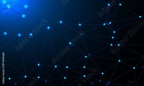 Abstract dark blue background with glowing digital network dots and lines representing global connectivity big data and neural science.
