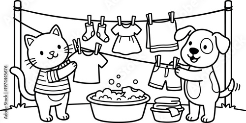Cute cat and dog hanging laundry on clothesline black and white line art