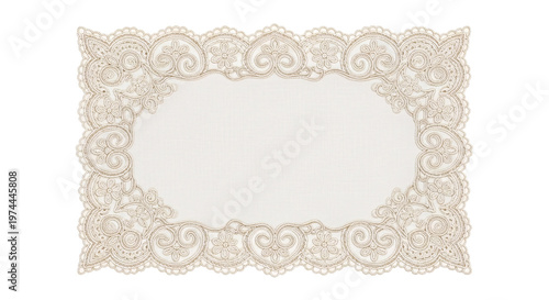 Lace doily oval frame decorative border on transparent background.