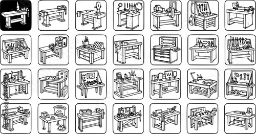 Black and White Line Art Icons of Workbenches and Vises for Workshop or Garage