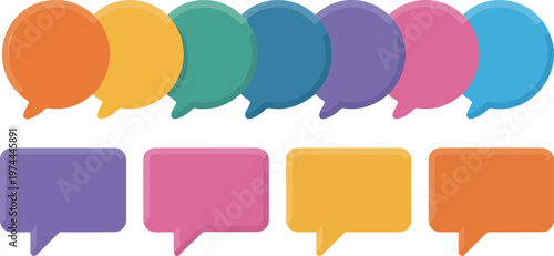 Set of colorful 3D speech bubbles and chat boxes with soft shadows for communication, messaging interface and social media design