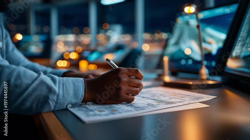 Close up of hands at a port control desk holding a draft document and a pen the document showing a vessel loading plan with deck and hold stowage diagrams monitors showing port