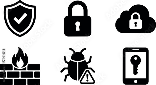 Security shield lock cloud firewall bug mobile key vector icons
