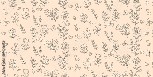 Coquette hand drawn Spring elements. Minimalist art sketch whimsical lines. Vector blossom meadow and garden flowers, bows, floral decor, leaves and herb, strawberry, butterfly seemless pattern