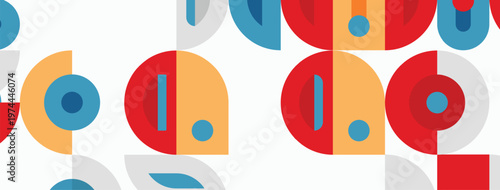 Geometric shapes repeat. Circles, semicircles, squares create abstract pattern. Colors include red, orange, blue, gray. Minimalist design.