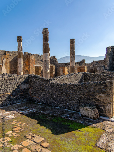 фотографія Architectural landscape of Pompeii peristyle showing colonnaded garden space with trees and volcano backdrop, demonstrating Roman mastery of proportion and natural integration