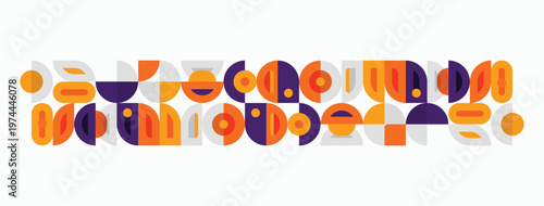 Abstract geometric pattern. Circles, semicircles, rectangles combine creating midcentury modern aesthetic. Purple, orange dominate palette.