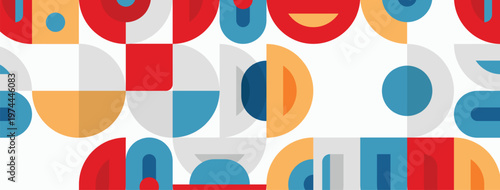 Geometric shapes repeat. Circles, arcs, rectangles create playful pattern. Colors include red, blue, yellow, gray. Minimalist design.
