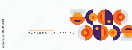 Abstract geometric shapes, vibrant colors, modern design elements. Background features repeating circular motifs, simple typography.