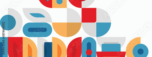 Abstract geometric shapes overlap, creating colorful composition. Circles, rectangles, curves form modern design. Minimalist aesthetic.