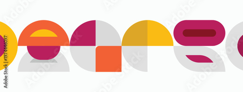 Abstract geometric shapes form colorful text. Circles overlap creating visual interest. Minimalist design with warm tones dominates image.