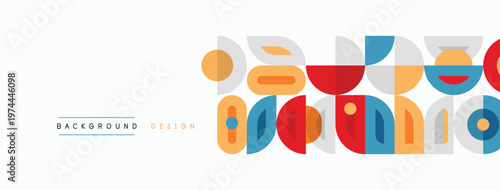 Retro geometric shapes create vibrant background. Orange, blue, red elements offer midcentury modern aesthetic. Simple design.