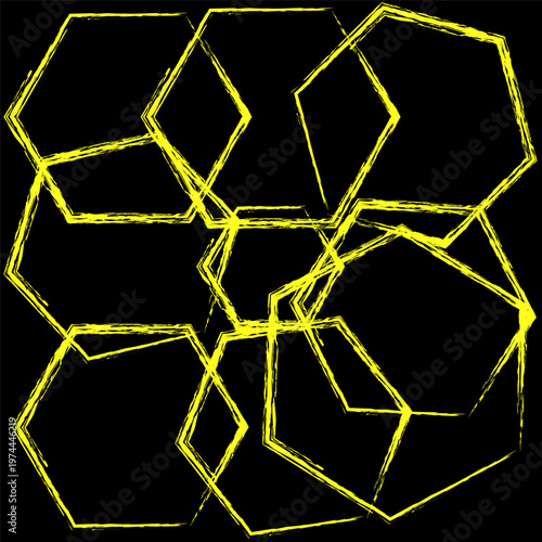 Distressed yellow hexagons set. Rough stroke shapes Vector. Black background texture detail. Artistic paint shape art.