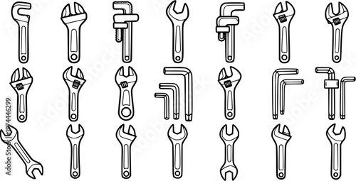 Set of Industrial Wrenches and Spanners Line Art Icons. Black and White Outline Collection of Adjustable, Pipe, and Hex Key Tools for Repair and Construction Industry.