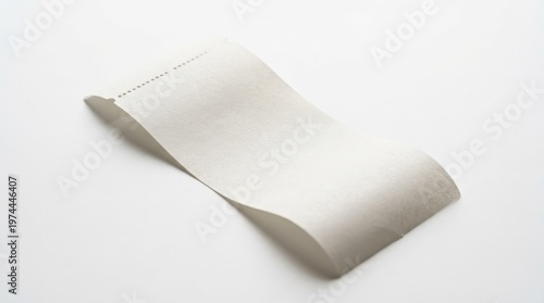 A blank thermal paper receipt mockup displayed on a pure white background, thin paper strip with subtle curl and perforated edge detail, retail invoice concept with realistic texture, soft directional