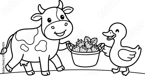 Happy cow and duck holding bucket of strawberries line art illustration