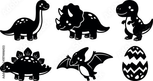 Black and white cute dinosaur characters with eggs and pterodactyl vector art