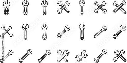 Automotive and Repair Tools Line Art Icons Set. Black and White Outline Wrenches and Spanners Collection for Engineering and Maintenance.