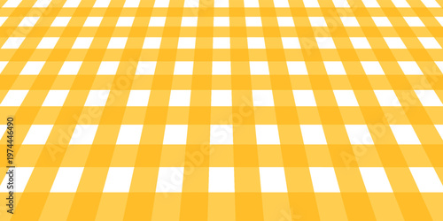 Picnic or kitchen table surface with checkered yellow and white gingham tablecloth. Perspective view. Italian cafe or restaurant interior element. Breakfast or dinner background. Vector illustration.
