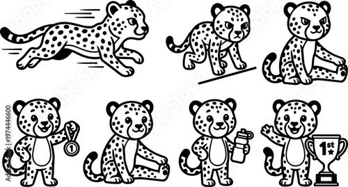 Black and white line art cheetah cub running sitting holding trophy medal and bottle