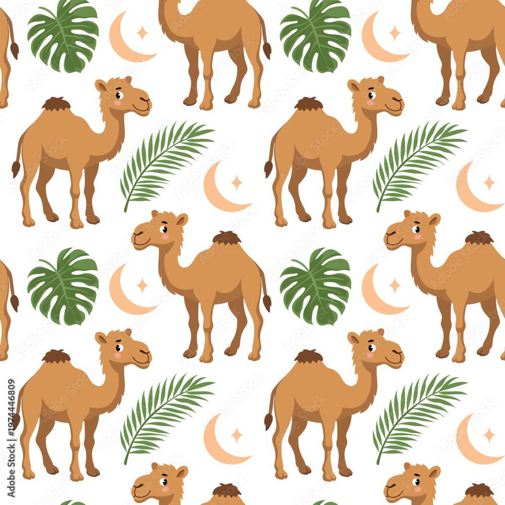 Fototapeta premium Seamless pattern with cute camels tropical leaves and moon on white background