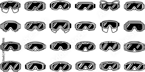 Black and White Line Art Goggles Icon Set for Sports, Outdoor Activities, and Safety. Collection of Ski, Motocross, and Protective Eyewear Glyphs
