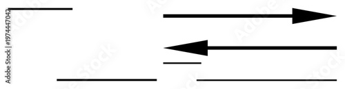 Direction, motion, communication, graphic flow, navigation, minimalism. Various horizontal black arrows and lines on a white background. Direction and motion concept in minimalist design