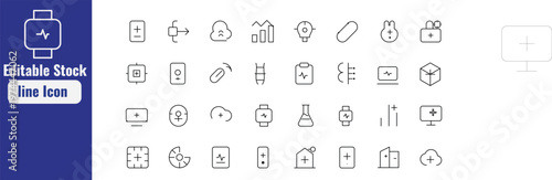 Medical healthcare line icon set with smartwatch heart rate monitor and laboratory symbols