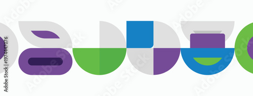 Abstract geometric shapes form colorful pattern. Purple, green, blue hues dominate design. Minimalist aesthetic suggests modern branding.