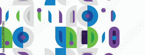 Abstract pattern features colorful overlapping circles, lines. Minimalist design uses blue, purple, green hues on white background.