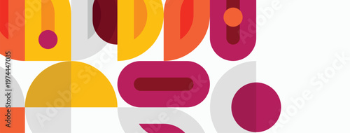 Abstract geometric shapes overlap, creating vibrant color blocks. Orange, yellow, maroon dominate design. Minimalist style.