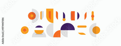Abstract geometric shapes, orange, purple, gray tones. Minimalist design, simple forms, flat illustration. Clean aesthetic, modern style.